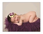 Purple Flower Headband, Baby Headband, skinny brown elastic. newborn headband, photography props