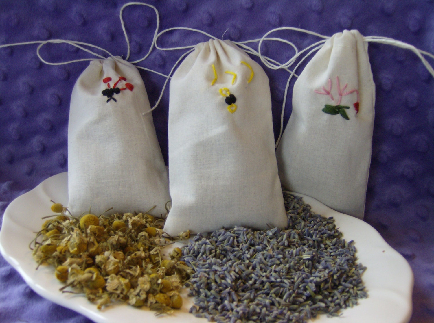 Lavender and Chamomile herbal bath teas in REUSABLE drawstring pouches, set of 3