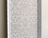 MAGNET BOARD Bulletin Board Wedding Escort Card Holder Shabby Chic Neutral Damask Ivory Distressed Wood Decor Nursery Kitchen Organizer