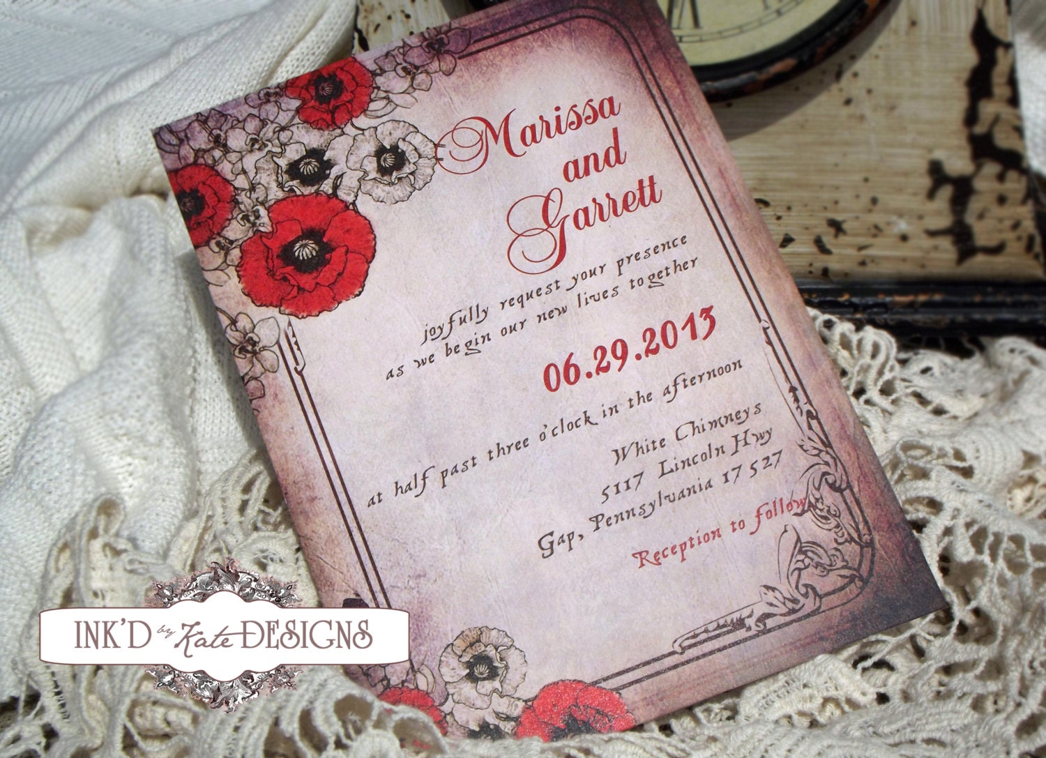 Rustic Poppy Country Chic Romantic wedding Invitation DEPOSIT