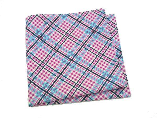 Cotton Plaid Pocket Square in raspberry purple, steel blue, black, and cream