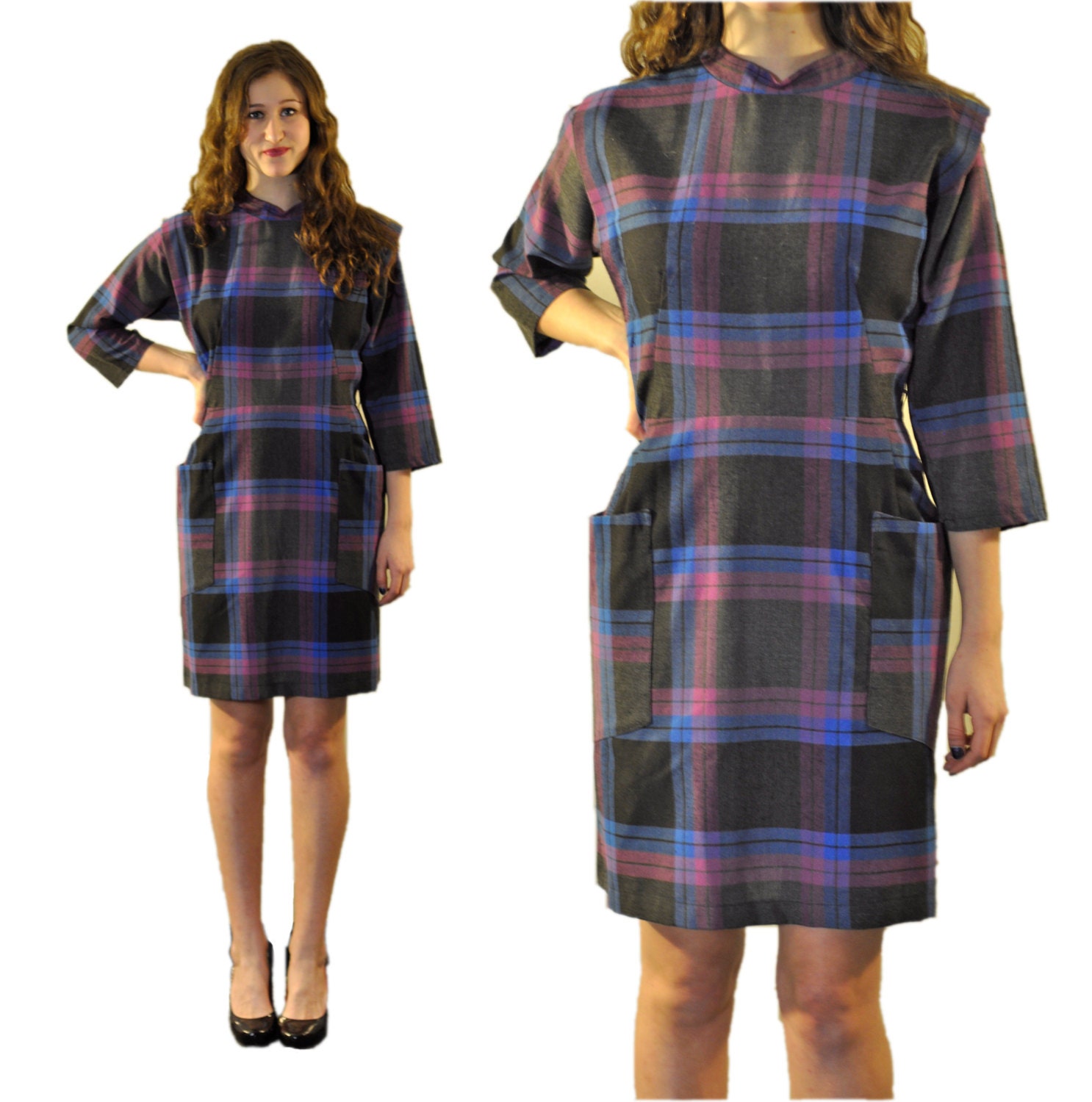 GINGHAM 70s Plaid Button Down Mini Dress Tartan  Blue Black Purple  Day Dress Steam Punk Retro  Womens Size Small (2-4)