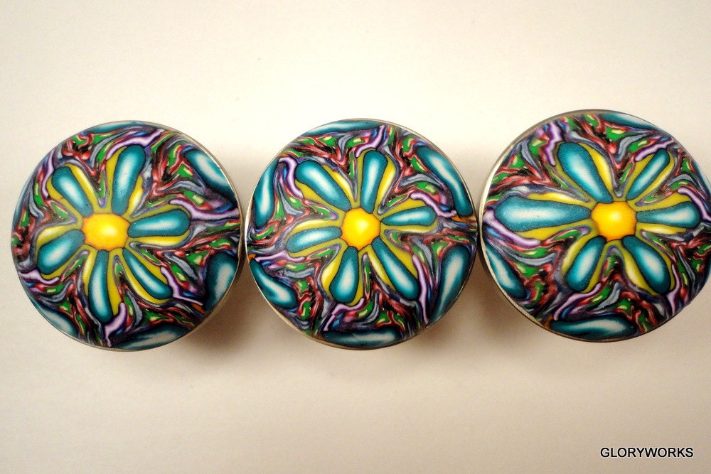 Polymer Clay Cabinet Knobs TEAL and YELLOW set of 8 . 60 Available
