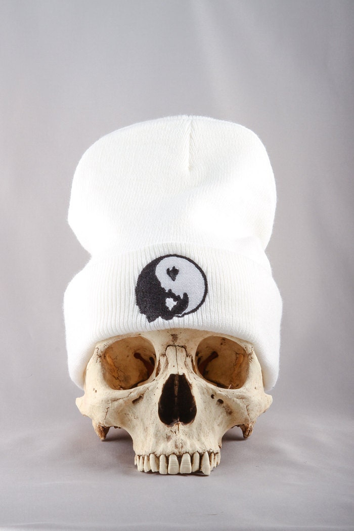 Embroidery Yin Yang 90s Inspired White Beanie