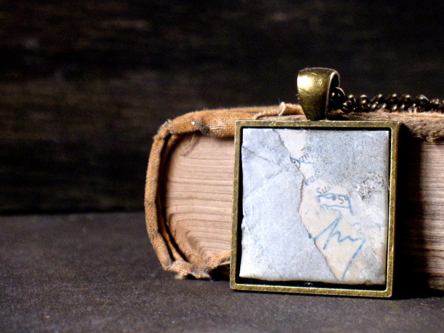 Square Inch Art Necklace - White Series  in Antique Brass Finish