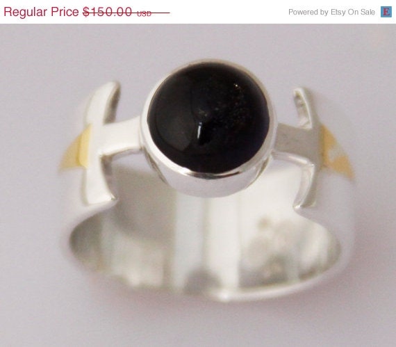 SPRING SALE 10% off Black Onyx ring sterling band with 22k gold triangle men woman size