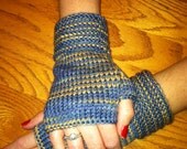 Soft Knit Fingerless Gloves - Purple/Gold/Denim Blue