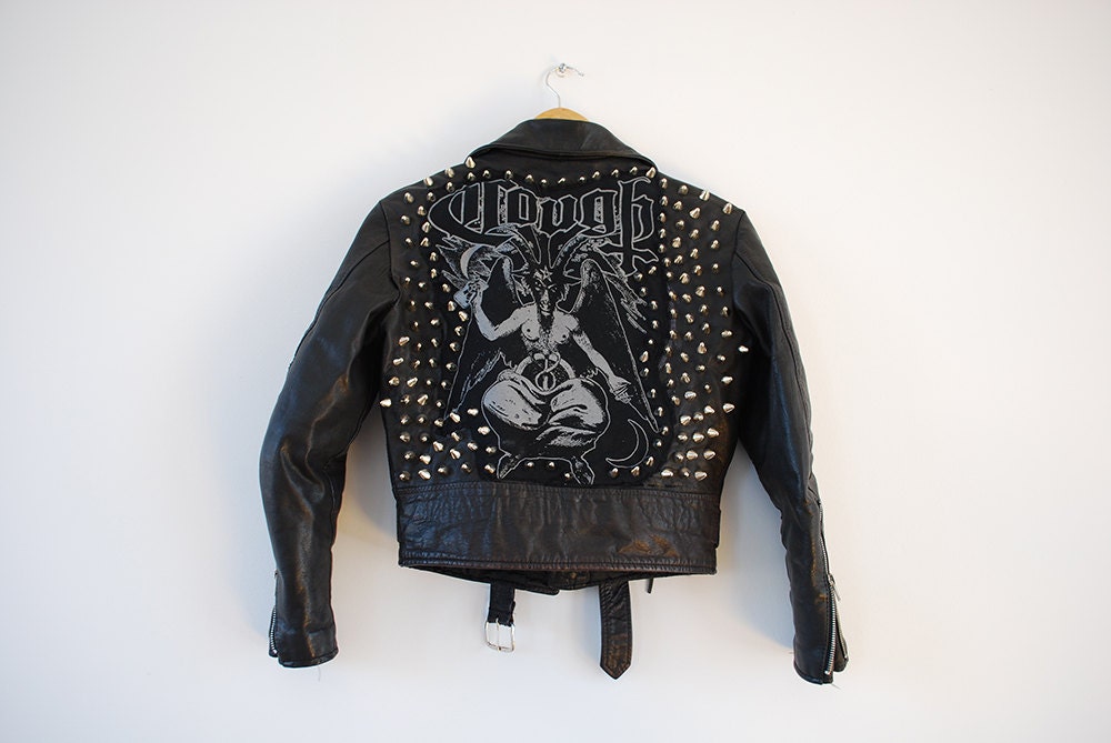 Black Leather Moto Jacket Studded Cough Metal Doom Baphomet Patch XS-S