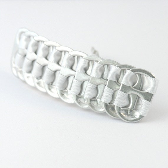 upcycled pop tab hair barrette- white, stacked weave, 3 1/4 inch