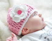 Newborn cute pastel pink HAT with White Crochet Flower Baby Shower Birthday Gift warm children kids accessories for winter