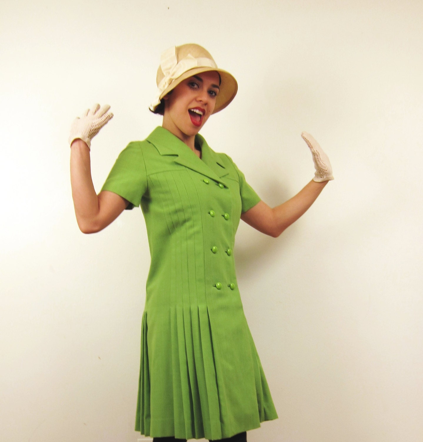 Vintage 1960s Dress in Bright Green with Pleats& Double Breasted Button Closure