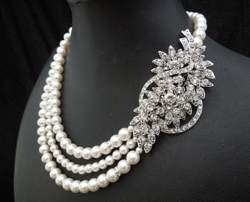 Pearl Necklace,Bridal Rhinestone Necklace, White Swarovski Pearls, Pearl Bridal Necklace, Statement Bridal Necklace, BARBARA