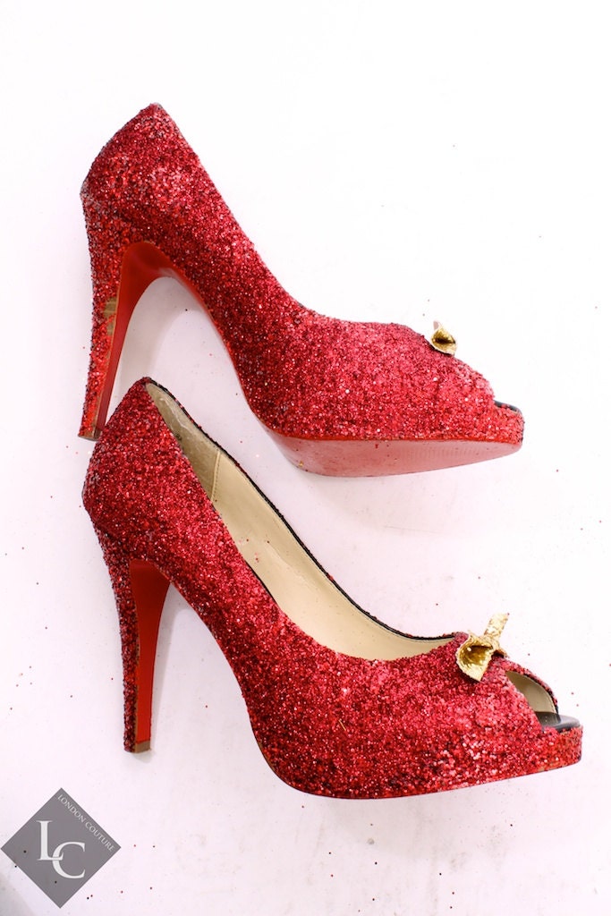 Custom Decorated Dorothy Wizard of Oz Inspired Red Glitter Peep Toe Heels with Gold Glitter Bow Sz 10