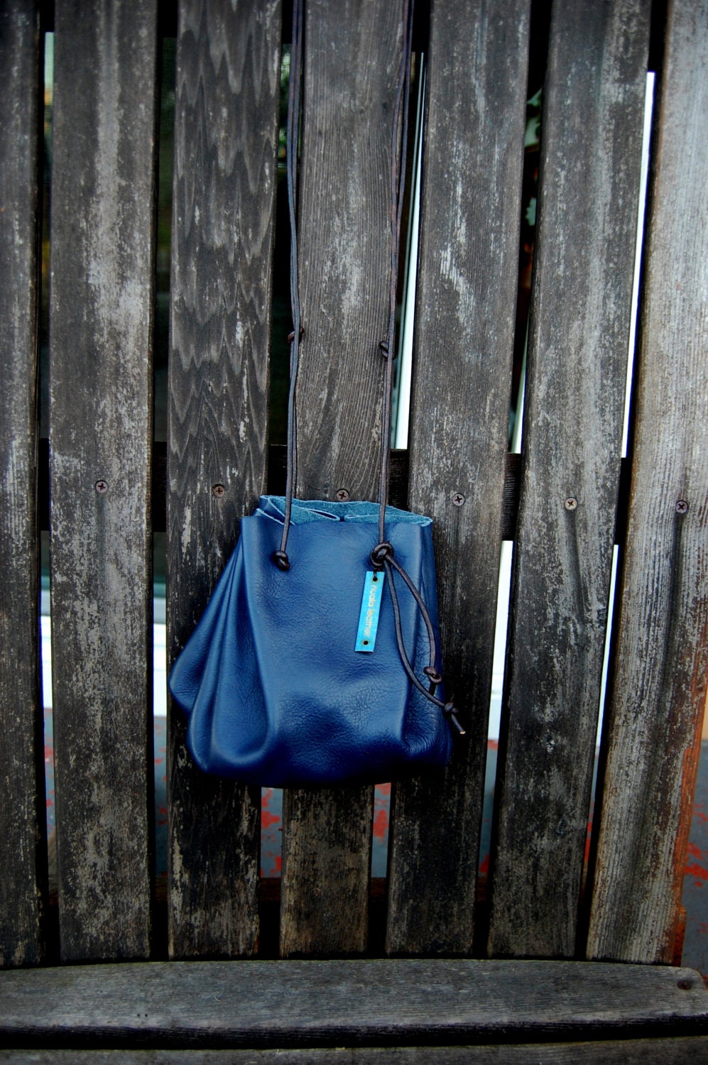 Leather Drawstring Pouch in Blue.
