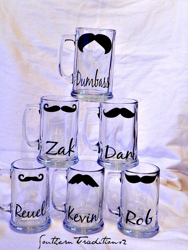 Set of 8 Men's Personalized Mustache Beer Mug Stein Groom Glasses Glass -- Best Man -- Groomsmen -- Wedding Favor gift