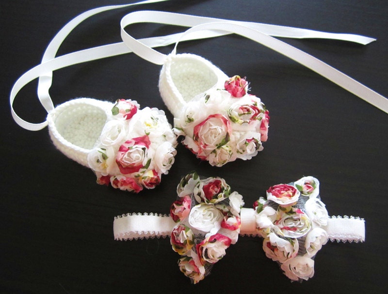 Chiffon Flowery Crochet Baby Booties & headband Set