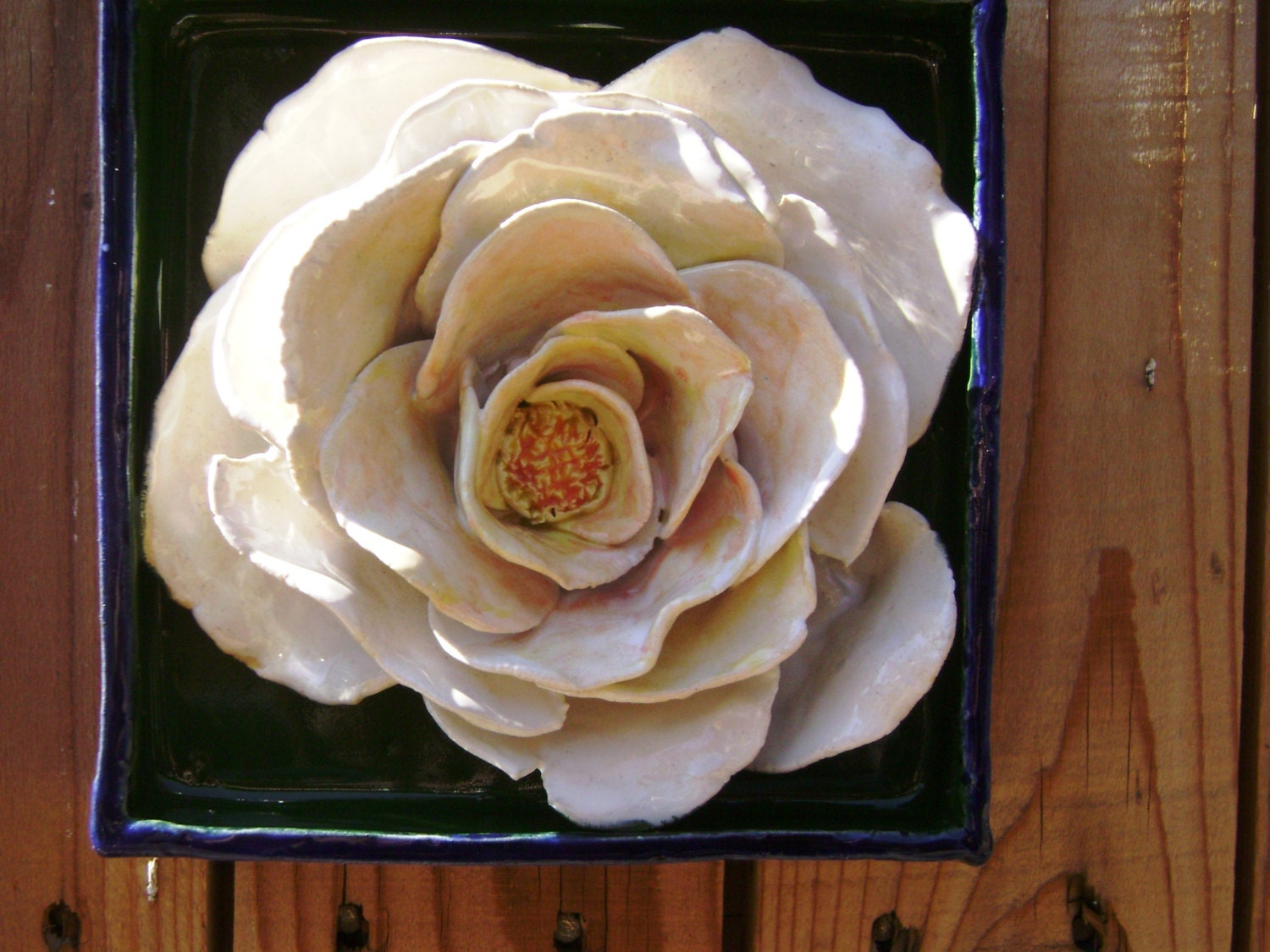 Discounted 20 percent , White Rose Flower Shadow Box, Ceramic Wall Hanging