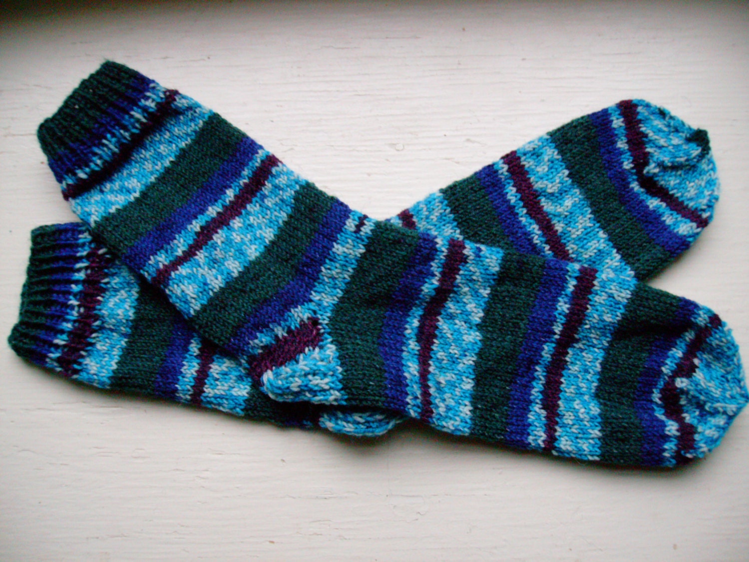 Hand Knit Soft And Warm  Women's Striped Superwash Wool  Socks, Size 9 -  9.5 (10 inches length)