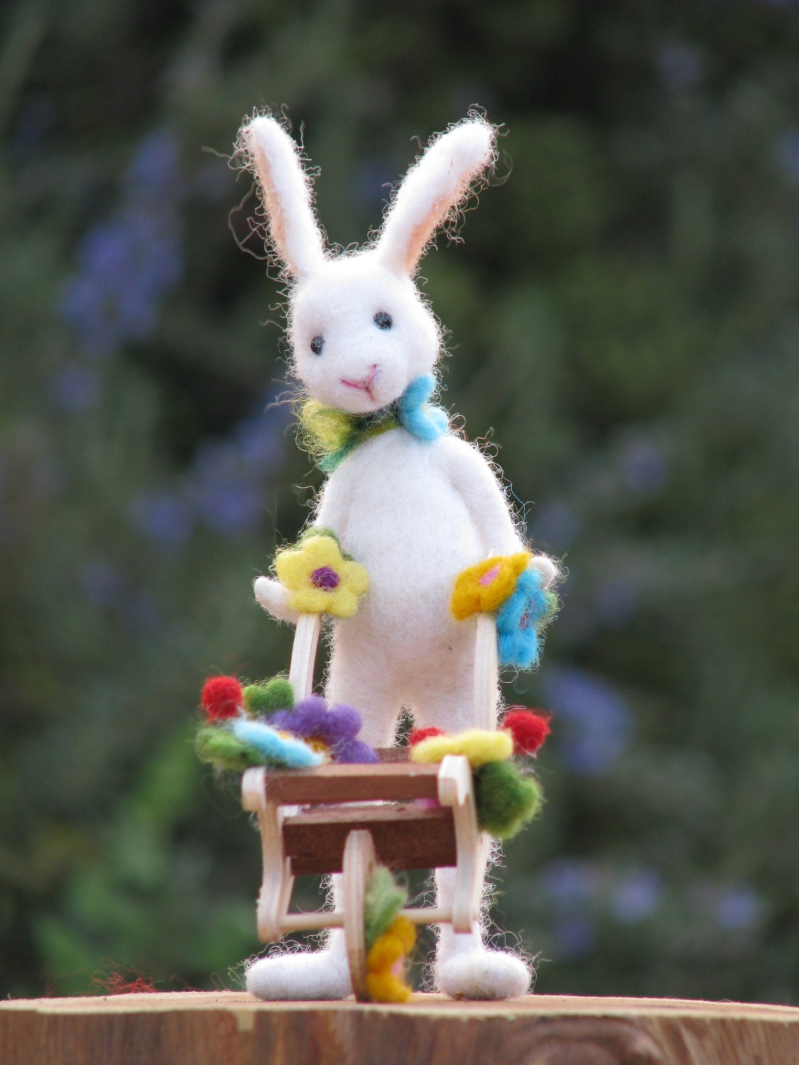 Needle felted white bunny with wheelbarrow, spring home decoration
