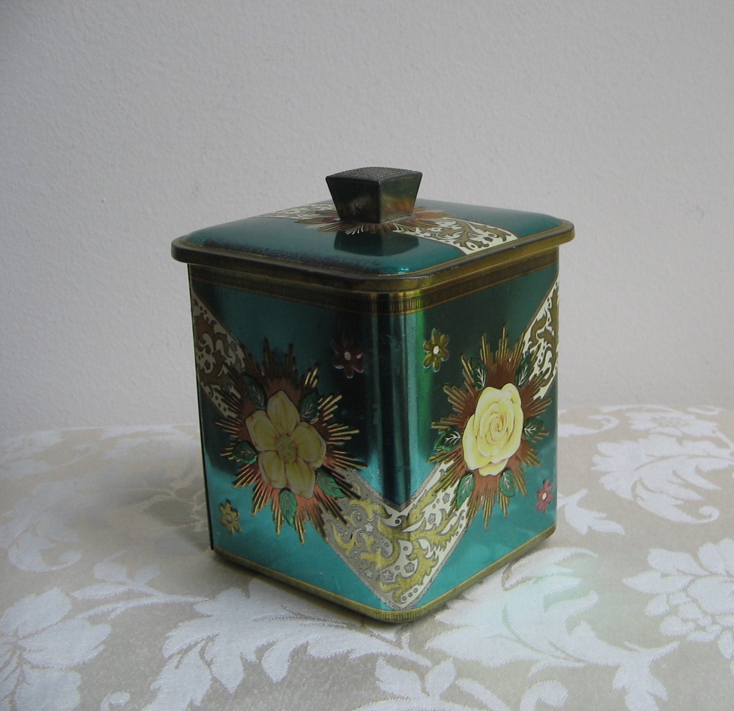 Vintage Turquoise Tin Starburst Magnolia, Embossed Metal Box, Floral Metalware Storage Container