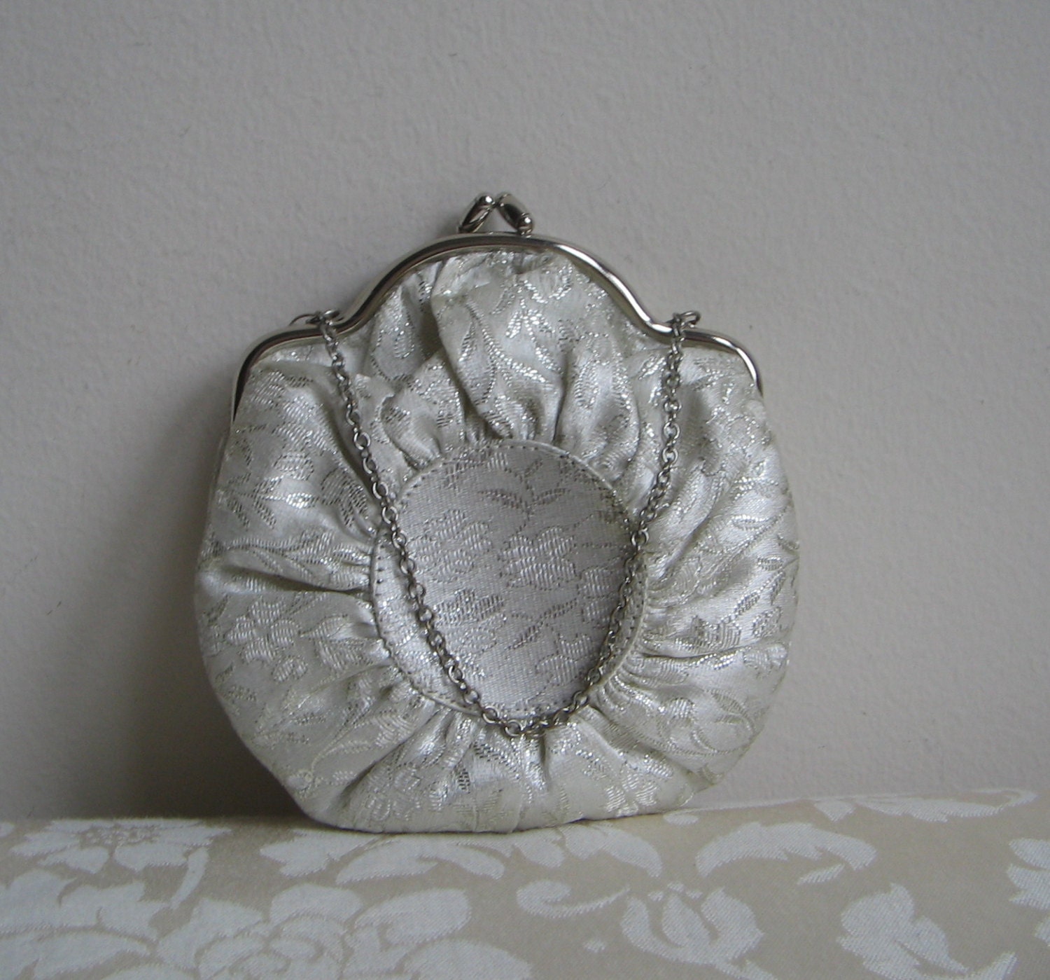 Vintage Silver Purse Brocade Smocked Metallic Fabric, Metal Frame Chain Handle Strap, Kiss Lock, Elegant Evening Bag