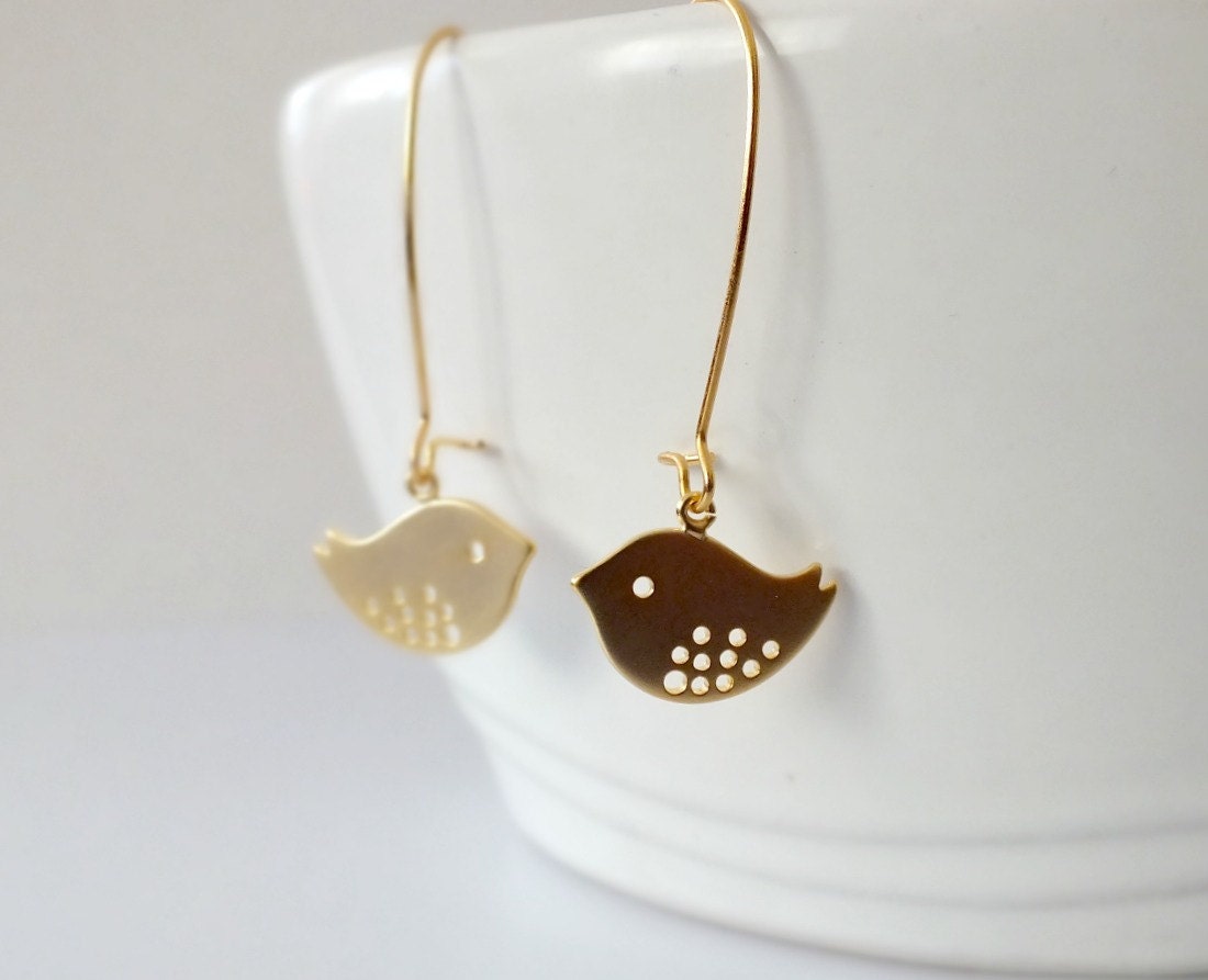 Love Bird Earrings Gold Plated Sparrow Mod Ear Wires, Gold Love Bird Dangle Earrings, Gold Sparrow Earrings