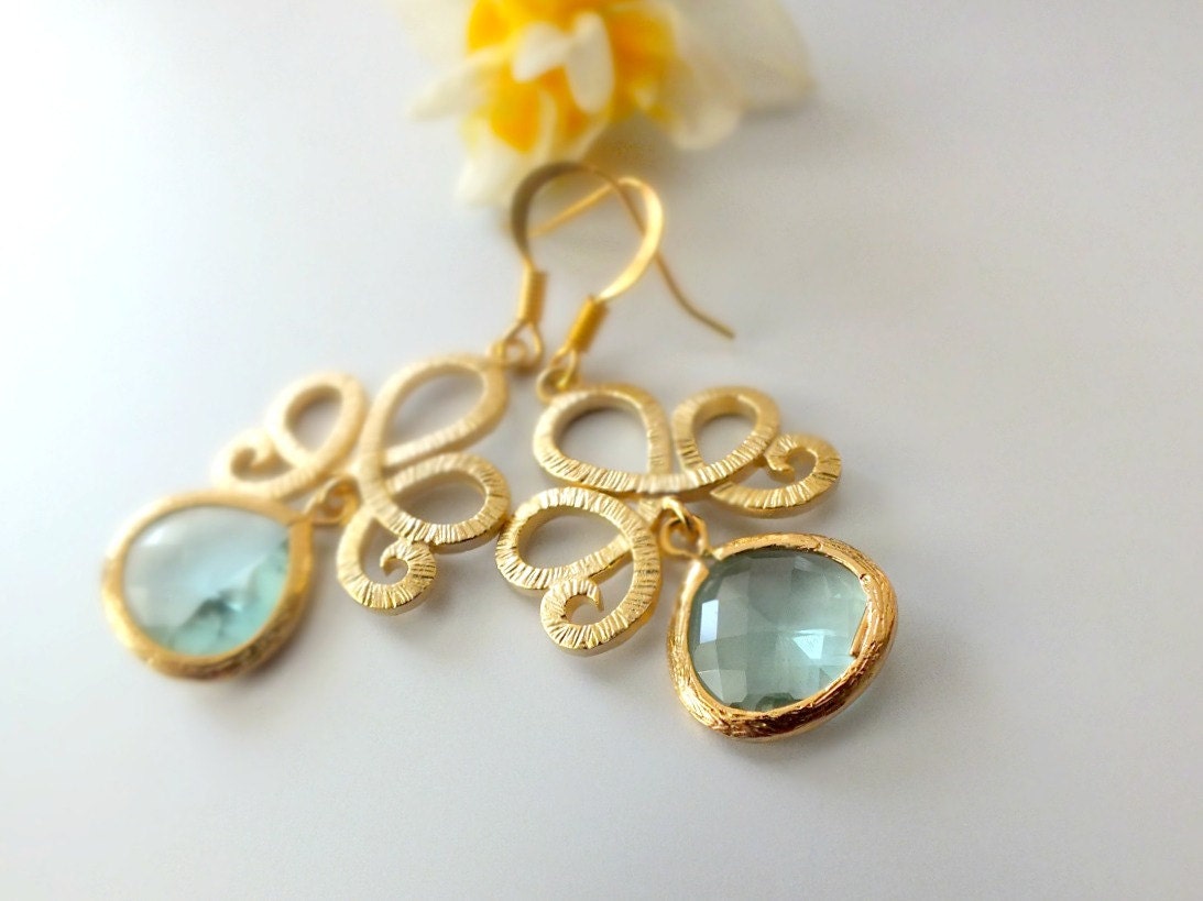 Gold Lotus Flower and Erinite Dangle Earrings, Gold Lotus Swirl Earrings, Erinite Bridesmaid Earrings, Bohemian Earrings