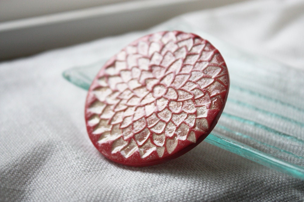 Handmade Brooch / Shawl Pin / Red Shimmer Mum Chrysanthemum Jewelry Jewellery
