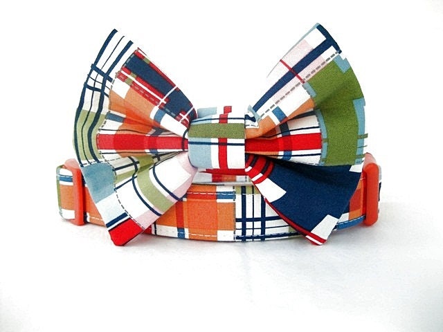 Summer Plaid Bow Tie Dog Collar - Nautical Plaid