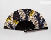 African hand fan - abstract flowers - black lacquered