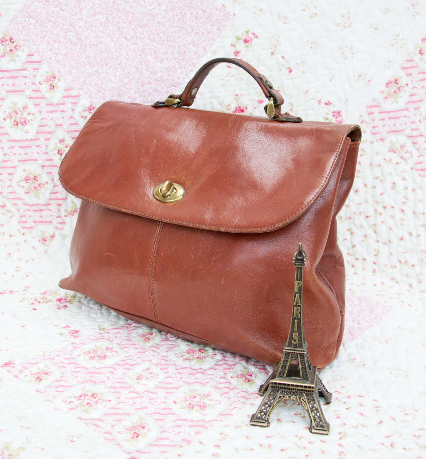Francine, French Vintage, 1970s Tan Leather Satchel, Handbag from Paris