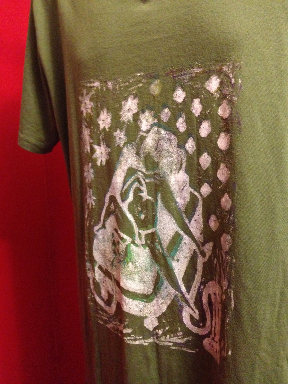 GREEN, HOOKAH Boy,  Tshirt, Vneck, White, LINOLEUM block print, Mens Large