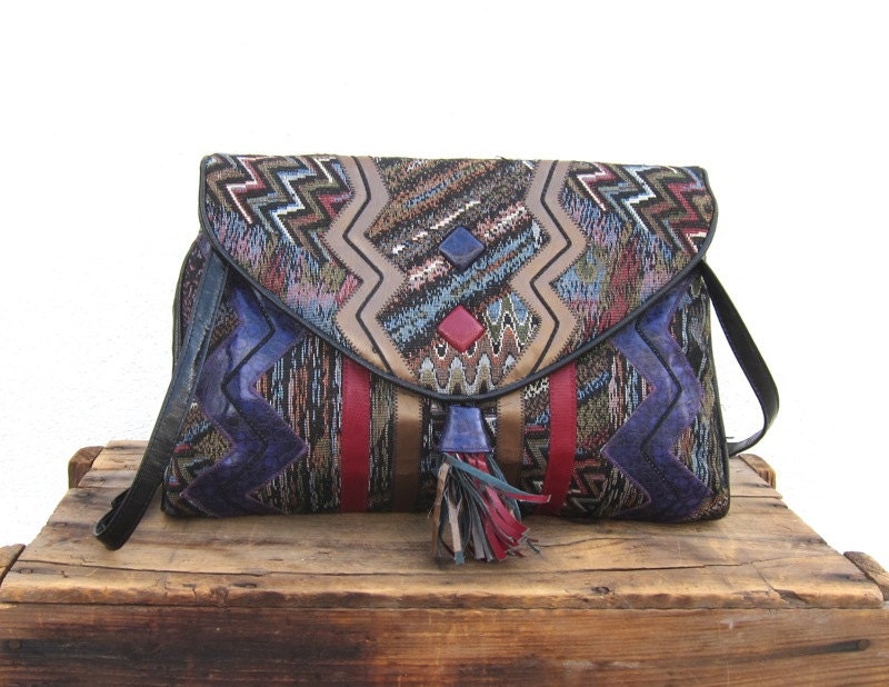 Vintage Large Vegan Chevron Tapestry Fringed Statement Purse Clutch