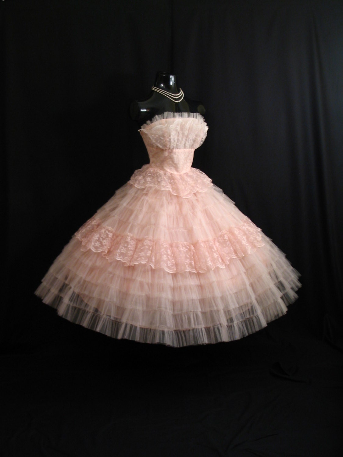 Vintage 1950's 50s Bombshell STRAPLESS Pink Tiered Layered Tulle Lace Circle Skirt Party Prom Wedding DRESS Gown Formal