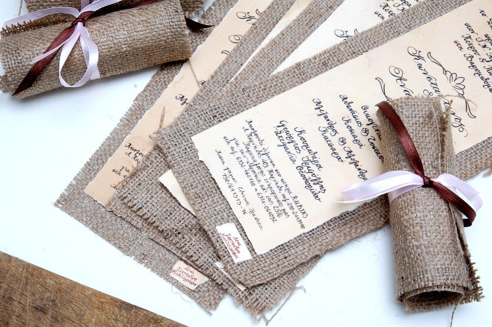 Wedding Invitations Vintage - Burlap Invitations - Rolling Invitations - Calligraphy- Made to order