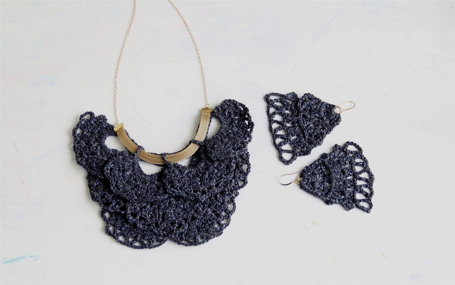 Sale - Crochet Collar Jabot in Graphite Grey and earrings - 20% off - Ready to Ship SALE