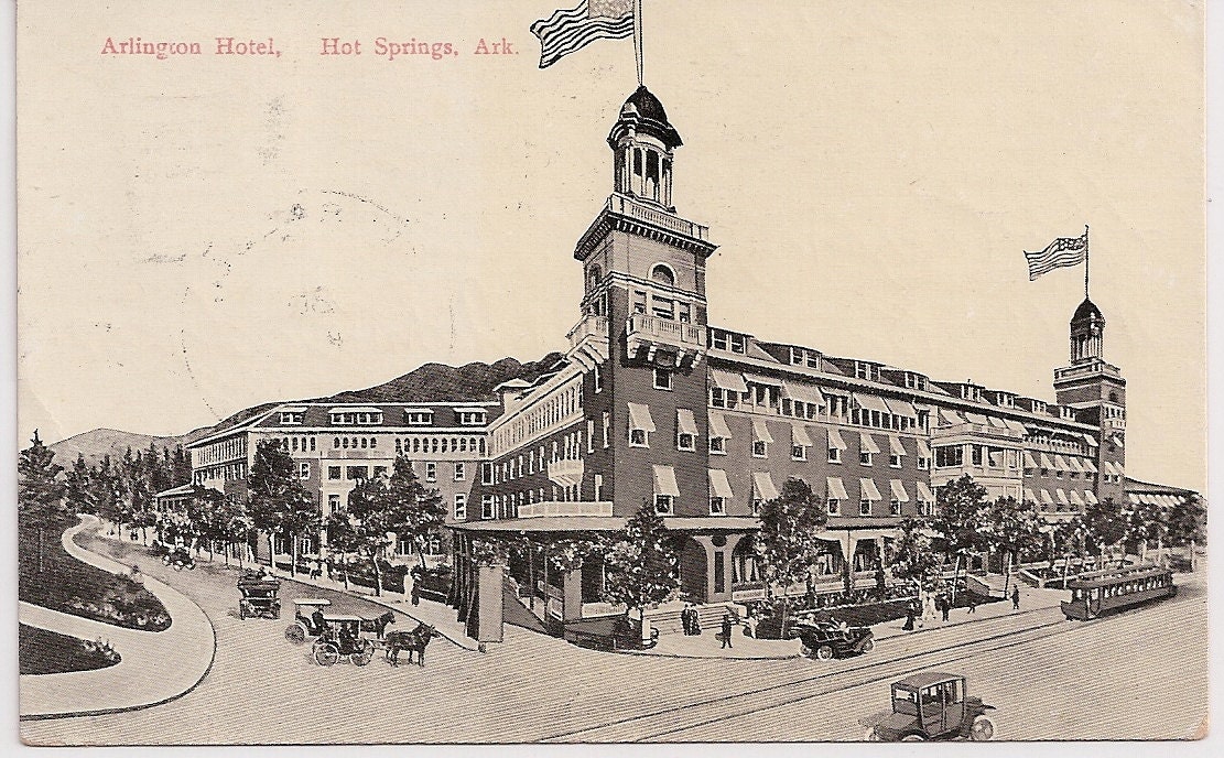 The Arlington Hotel Hot Springs National Park Arkansas Antique Postcard Postmarked 1909 Busy Downtown Street Scene AR Souvenir