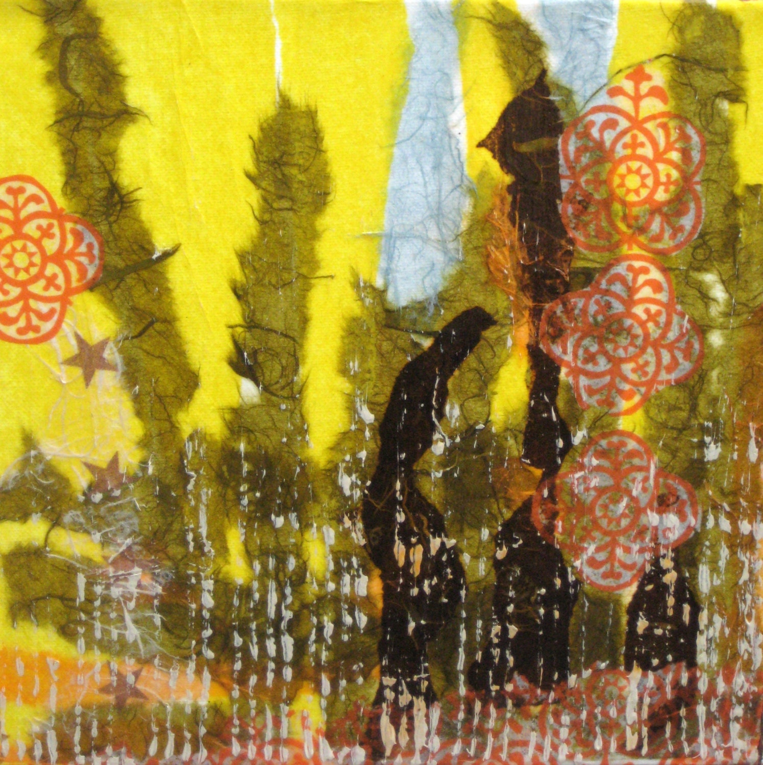 ORIGINAL COLLAGE abstract -10"x10" yellow green brown by devikasart
