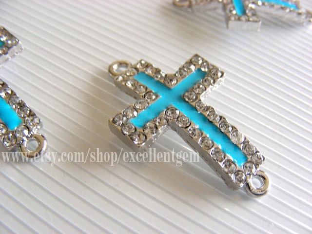 5pcs High quality Silver plated tone with Clear Cyrstal Rhinestones cross Bracelet Connector in turquoise blue