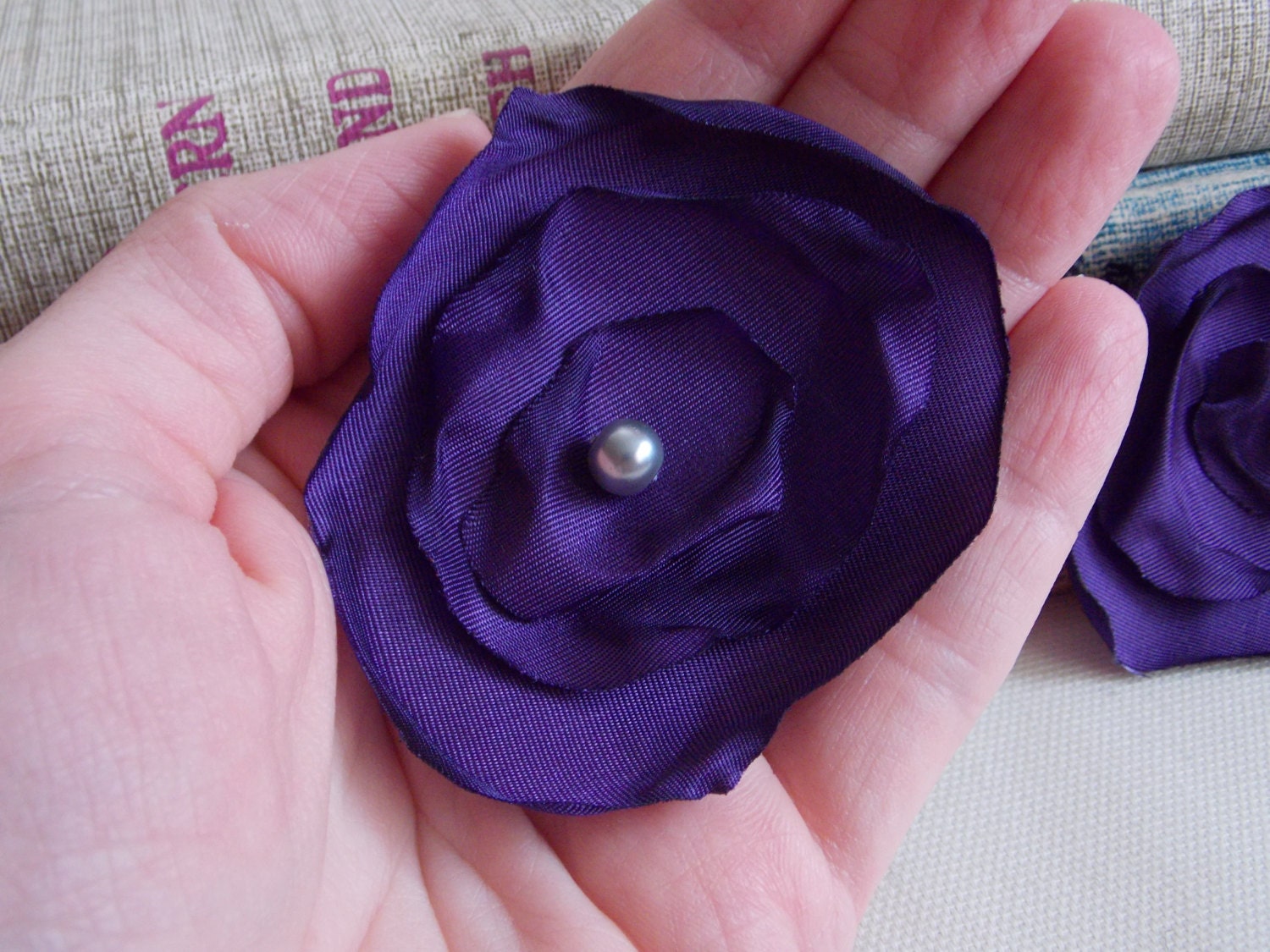 Eggplant Purple Flower Wedding Decor Hair Flower Satin Poppy Layered Flower