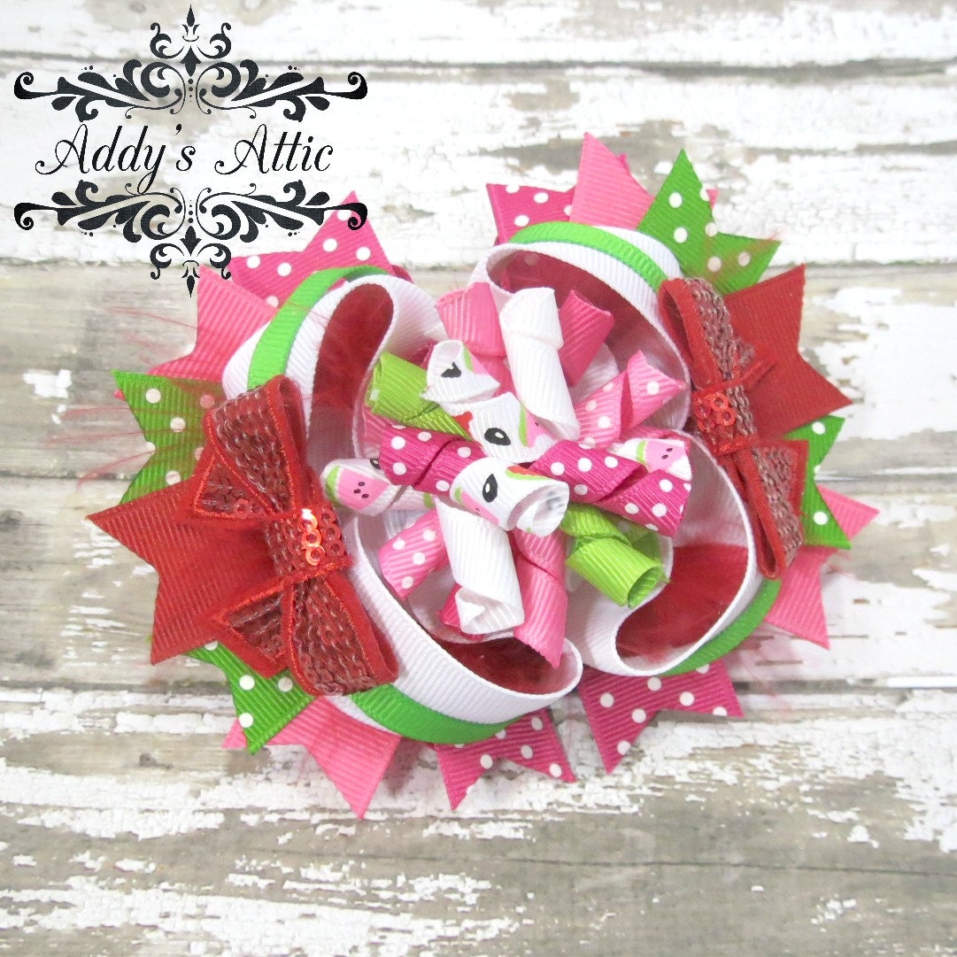Watermelon Hair Bow..Over the Top Stacked Boutique Hair Bow..Korker Hair Bow