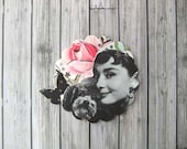 old hollywood AUDREY HEPBURN with poodle collage brooch pin or ornament