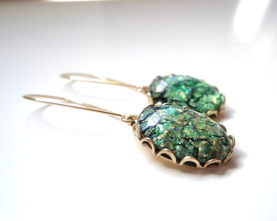 Green opal vintage glass dangle earrings.  STUNNING.  Bridal earrings.  Bridesmaids earrings.  Wedding jewelry.  Gift for Her.