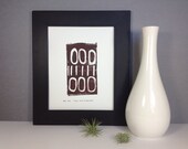 Modern Industrial Design Linocut Print Dark Coffee Brown Lines and Circles 9x12