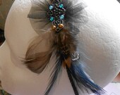 Blue, Brown Feather Headband with Gold Pearls, Black Teal Rhinestones - Prom, Wedding Accessory - Party Headbands - Feather Hair Accessories