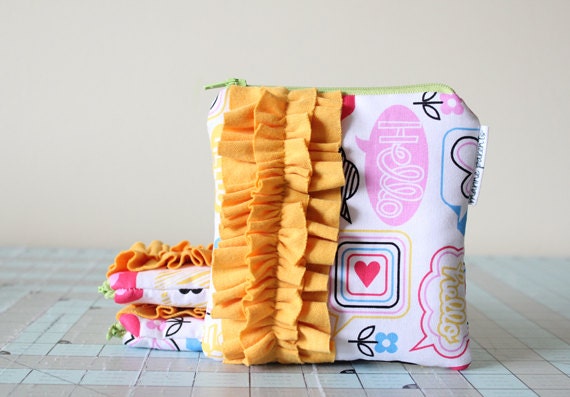 square ruffle zipper pouch -- hello conversation bubbles