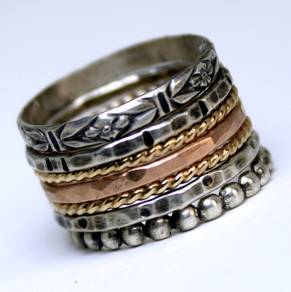 Gold Stack Ring - Mixed Metal Stack Ring - Rose Yellow Gold Rings Sterling Silver Stack Ring - Set of 7 Stack Rings - Custom Stack Ring