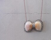 Bow Pendant Necklace Natural Seashells Linen Lace - vanessahandmade