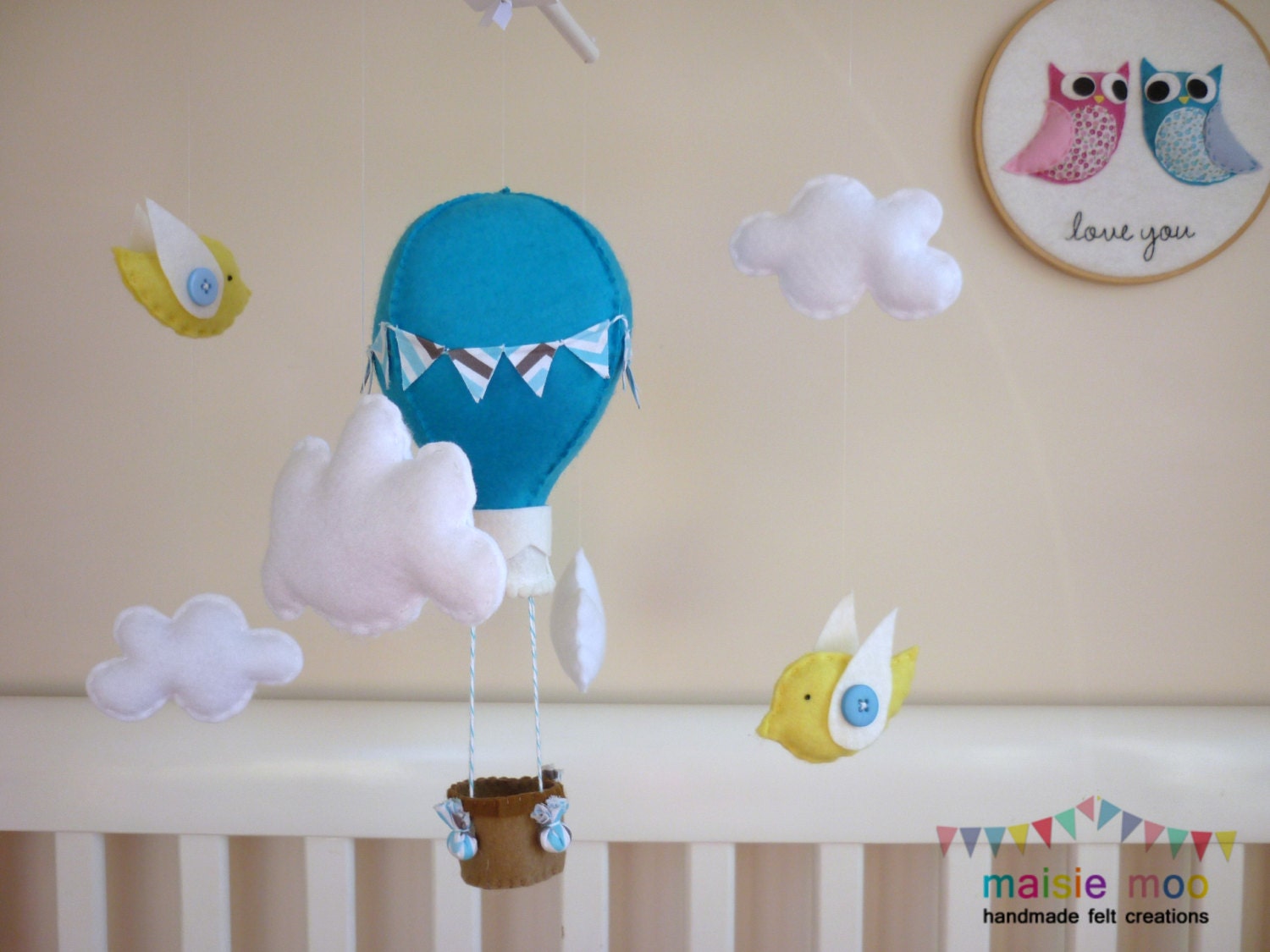 Up, Up, Up and Away - Aqua- Hot Air Balloon Baby Mobile with Birdy Friends