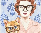 Original Portrait Watercolor, Cat Watercolor, Woman Watercolour, Cat Lady, 11x14 Painting